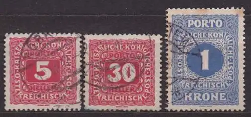 Österreich, Portomarken Mi-Nr. 47, 52 + 55 A gest., Wertziffer