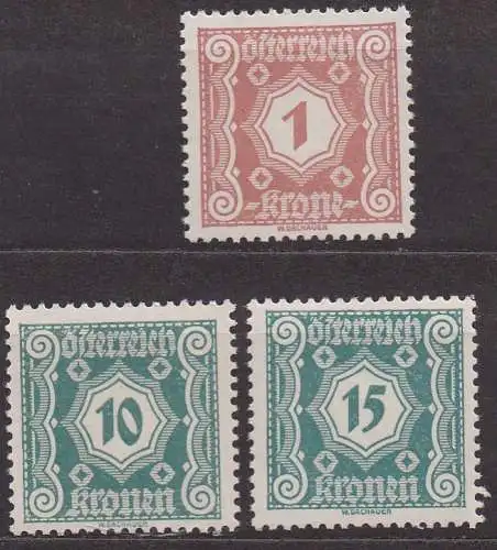 Österreich, Portomarken Mi-Nr. 103, 112 + 113 **, Ziffernzeichnung