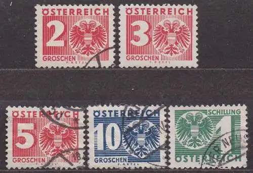 Österreich, Portomarken Mi-Nr. 160, 162, 163 + 171 gest., Mi-Nr. 161 *, Ziffer u. neues Staatswappen