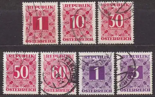 Österreich, Portomarken Mi-Nr. 232, 237, 239, 241, 242, 247 + 256 gest., Ziffernzeichnung im Zierrahmen