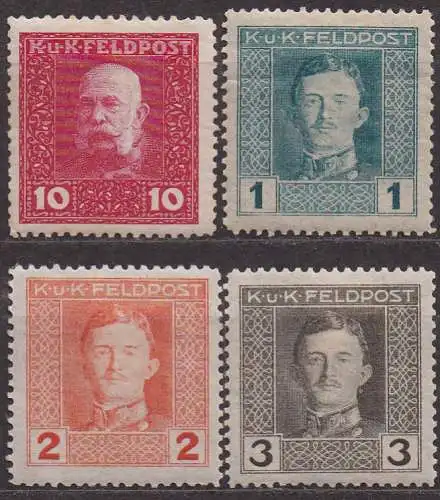 Österreich - österr.-ung. Feldpost, Mi-Nr. 27, 53 A, 54 + 55 A *, Kaiser Franz Joseph + Kaiser Karl I. 