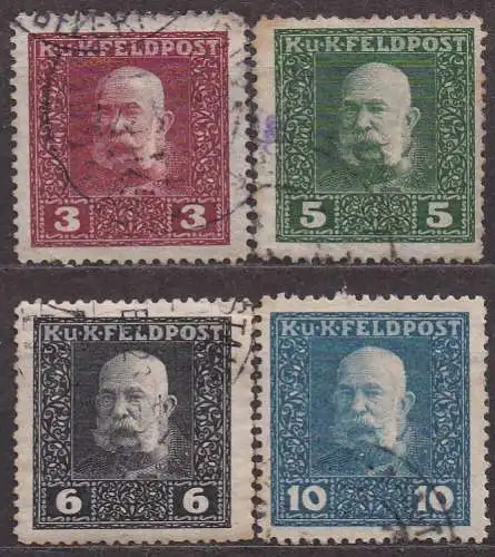 Österreich - österr.-ung. Feldpost, Mi-Nr. 24, 25 A, 26 + 28 gest., Kaiser Franz Joseph