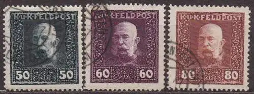 Österreich - österr.-ung. Feldpost, Mi-Nr. 38, 39 + 41 gest., Kaiser Franz Joseph