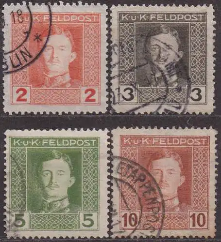 Österreich - österr.-ung. Feldpost, Mi-Nr. 54, 55 A, 56 A + 58 gest., Kaiser Karl I.
