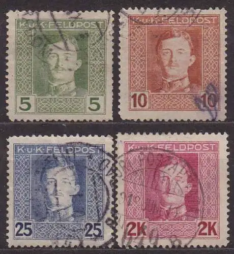 Österreich - österr.-ung. Feldpost, Mi-Nr. 56 A, 58, 62 + 69 A gest., Kaiser Karl I.