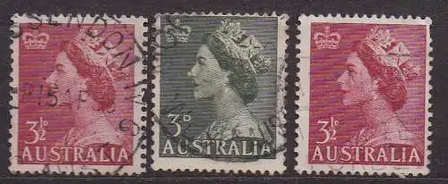 Australien, Mi-Nr. 229, 236 + 260 gest., Königin Elisabeth II.