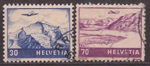 Schweiz, Mi-Nr. 387 + 391 gest., Flugzeug über Landschaften