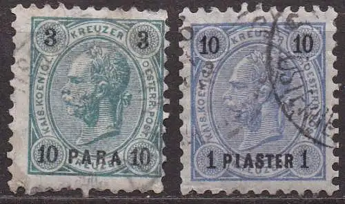 Österreich - Post in  der Levante, Mi-Nr. 21 + 23 gest., Kaiser Franz Joseph