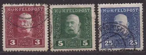 Österreich - österr.-ung. Feldpost, Mi-Nr. 24, 25 A + 33 gest., Kaiser Franz Joseph