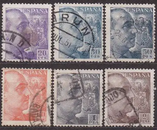 Spanien, Mi-Nr. 844 C, 846 C, 847 C, 850 C, 852 C + 854 C gest., General Franco