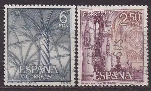 Spanien, Mi-Nr. 1576 + 1584 gest., Sehenswürdigkeiten: Seidenbörse Valencia + Kathedrale von Burgos