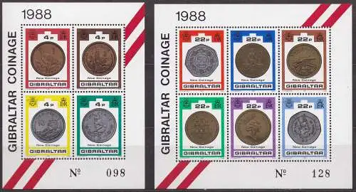 Gibraltar, Block-Satz Mi-Nr. 13 - 14 **, Neue Münzen von 1988