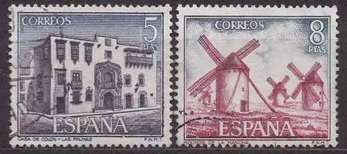 Spanien, Mi-Nr. 2026 + 2027 gest., Sehenswürdigkeiten: Kolumbushaus Las Palmas + Windmühlen in der Mancha