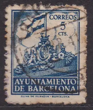 Spanien, Zwangszuschlag für Barcelona Mi-Nr. 22 gest., Wappen mit Fahne auf dem Stadttor