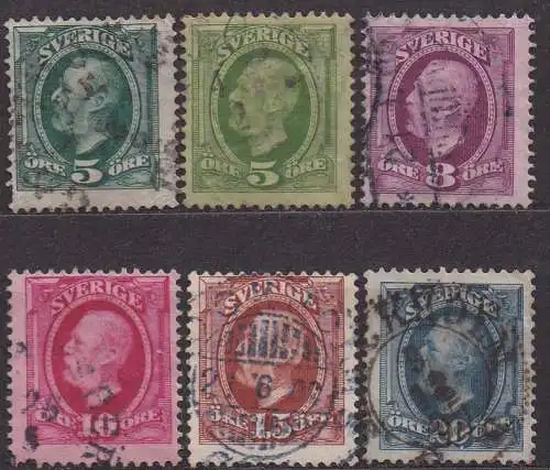 Schweden, Mi-Nr. 41 a, 41 b, 42, 43, 44 + 45 gest., König Oskar II.