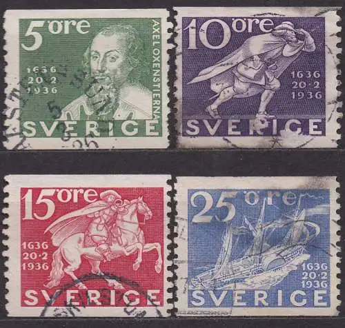 Schweden, Mi-Nr. 227 A, 228 A, 229 A + 231 A gest., 300 Jahre Schwedische Post