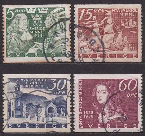 Schweden, Mi-Nr. 245 A, 246 A, 248 A + 249 A gest., 300. Jahrestag der Gründung von Neuschweden (Delaware, USA)