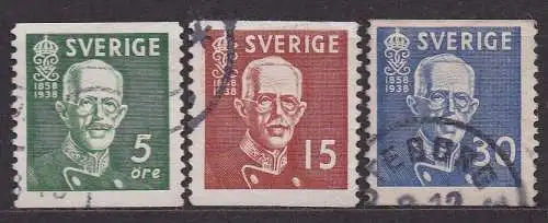 Schweden, Mi-Nr. 250 A, 251 A + 252 A gest., 80. Geburtstag von König Gustav V.