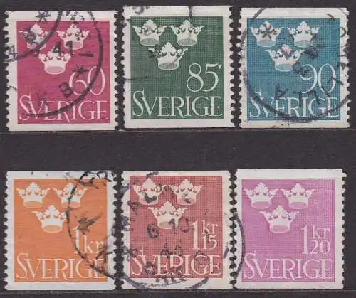 Schweden, Mi-Nr. 265 A, 266 A, 267 A, 268 A, 269 A + 270 A gest., Drei Kronen