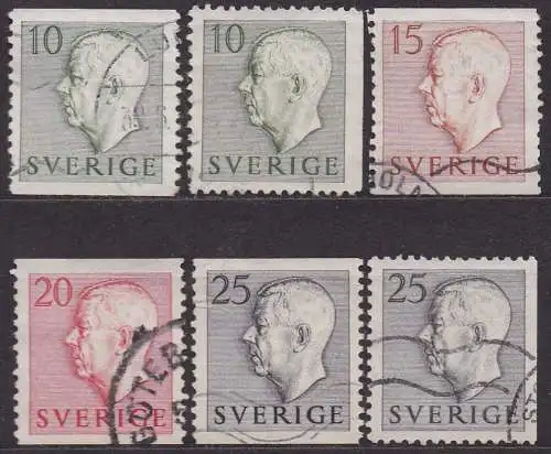 Schweden, Mi-Nr. 356 A, 356 Dr, 357 A, 358 A, 359 A + 359 Dr gest., König Gustav VI. Adolf