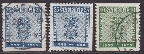 Schweden, Mi-Nr. 402 A, 402 Dr + 403 A gest., 100 Jahre schwedische Briefmarken