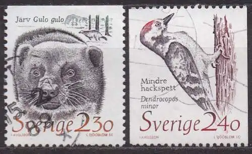 Schweden, Mi-Nr. 1520 + 1522 gest., Vielfraß + Specht