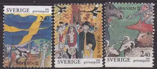 Schweden, Mi-Nr. 1669, 1670 + 1671 gest., 100 Jahre Freilichtmuseum Skansen in Stockholm
