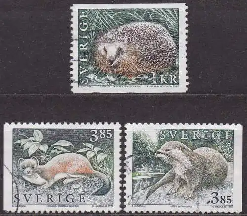 Schweden, Mi-Nr. 1925 A, 1927 D + 1928 D gest., Heimische Wildtiere