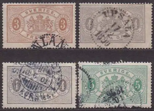 Schweden, DienstmarkeMi-Nr. 1 B, 2 B a, 2 B b + 3 B gest., Wappenzeichnung