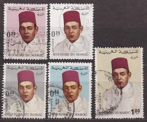 Marokko, Mi-Nr. 604, 605, 608, 609 + 614 gest., 7. Thronjubiläum von König Hassan II.