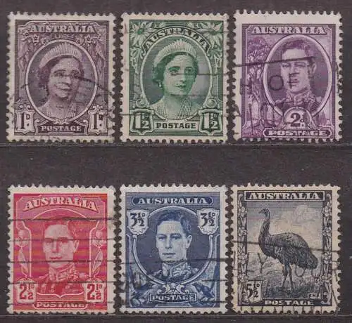 Australien, Mi-Nr. 163 - 168 gest., kompl., Königin Elisabeth, König Georg VI. + Emu