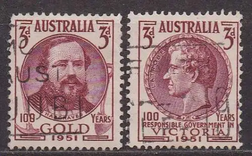 Australien, Mi-Nr. 213 - 214 gest., kompl., 100 Jahre Entdeckung von Gold in Victoria + 100 Jahre Selbstverwaltung des Staates Victoria