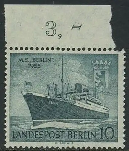 BERLIN 1955 Michel-Nummer 126 postfrisch EINZELMARKE Rand oben - Taufe des Motorschiffes Berlin