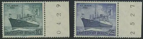 BERLIN 1955 Michel-Nummer 126-127 postfrisch SATZ(2) EINZELMARKEN Ränder rechts (c) (m/ Bogennummer) - Taufe des Motorschiffes Berlin