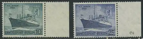 BERLIN 1955 Michel-Nummer 126-127 postfrisch SATZ(2) EINZELMARKEN Ränder rechts (b) - Taufe des Motorschiffes Berlin