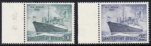 BERLIN 1955 Michel-Nummer 126-127 postfrisch SATZ(2) EINZELMARKEN Ränder links (b) - Taufe des Motorschiffes Berlin