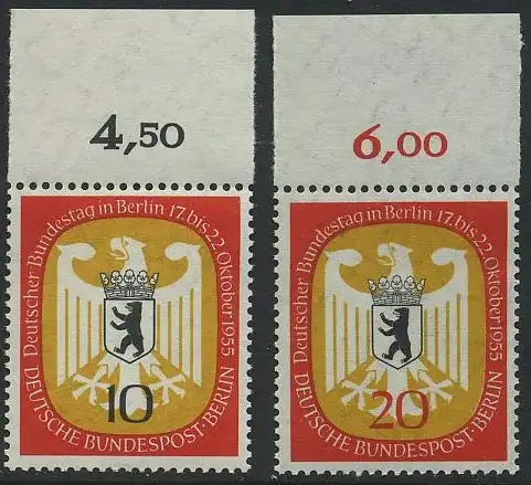 BERLIN 1955 Michel-Nummer 129-130 postfrisch SATZ(2) EINZELMARKEN Ränder oben (d) - Deutscher Bundestag in Berlin