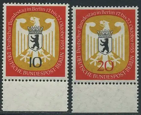 BERLIN 1955 Michel-Nummer 129-130 postfrisch SATZ(2) EINZELMARKEN Ränder unten - Deutscher Bundestag in Berlin