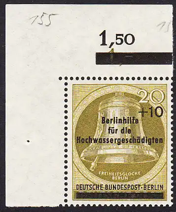 BERLIN 1956 Michel-Nummer 155 postfrisch EINZELMARKE ECKRAND oben links (b) - Berlinhilfe für die Hochwassergeschädigten