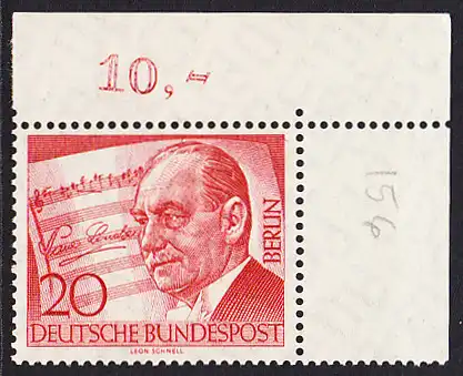 BERLIN 1956 Michel-Nummer 156 postfrisch EINZELMARKE ECKRAND oben rechts (b) - Paul Lincke
