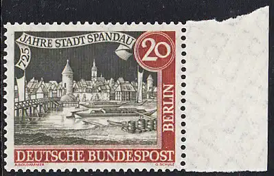 BERLIN 1957 Michel-Nummer 159 postfrisch EINZELMARKE RAND rechts - 725 Jahre Stadt Spandau