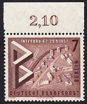 BERLIN 1957 Michel-Nummer 160 postfrisch EINZELMARKE RAND oben - Internationale Bau-Ausstellung Interbau, Berlin