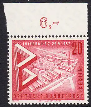 BERLIN 1957 Michel-Nummer 161 postfrisch EINZELMARKE RAND oben (b) - Internationale Bau-Ausstellung Interbau, Berlin