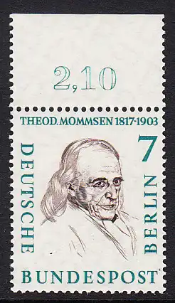 BERLIN 1957 Michel-Nummer 163 postfrisch EINZELMARKE RAND oben (d) - Männer aus der Geschichte Berlins: Theodor Mommsen