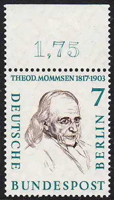BERLIN 1957 Michel-Nummer 163 postfrisch EINZELMARKE RAND oben (c) - Männer aus der Geschichte Berlins: Theodor Mommsen
