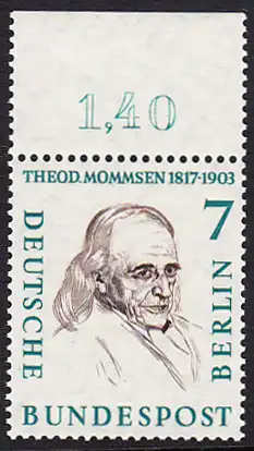 BERLIN 1957 Michel-Nummer 163 postfrisch EINZELMARKE RAND oben (b) - Männer aus der Geschichte Berlins: Theodor Mommsen