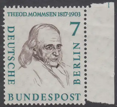 BERLIN 1957 Michel-Nummer 163 postfrisch EINZELMARKE RAND rechts - Männer aus der Geschichte Berlins: Theodor Mommsen