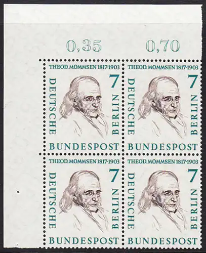 BERLIN 1957 Michel-Nummer 163 postfrisch BLOCK ECKRAND oben links - Männer aus der Geschichte Berlins: Theodor Mommsen