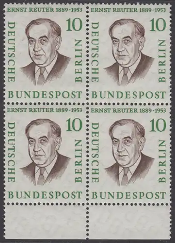 BERLIN 1957 Michel-Nummer 165 postfrisch BLOCK RÄNDER unten - Männer aus der Geschichte Berlins: Prof. Dr. Ernst Reuter