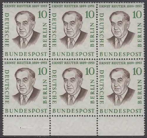 BERLIN 1957 Michel-Nummer 165 postfrisch horiz.BLOCK(6) RÄNDER unten - Männer aus der Geschichte Berlins: Prof. Dr. Ernst Reuter